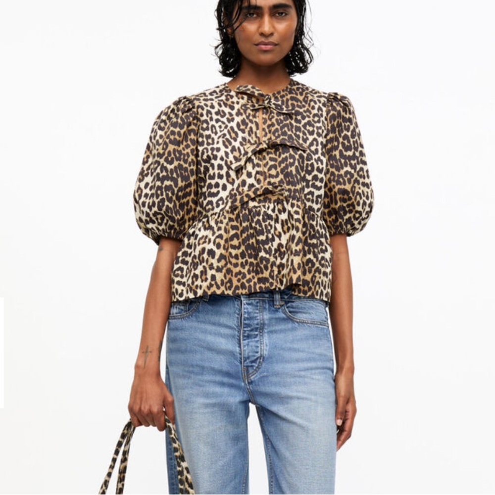 Ganni Cotton Poplin Peplum Bow Tie Top
